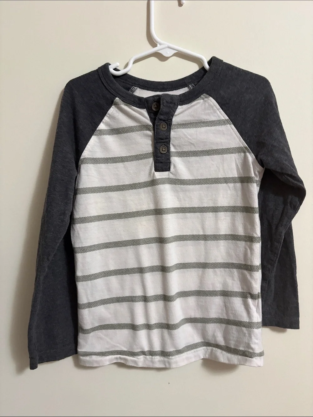 Old Navy Long-Sleeve Henley Tee - Charcoal Sleeves with White & Olive Stripes